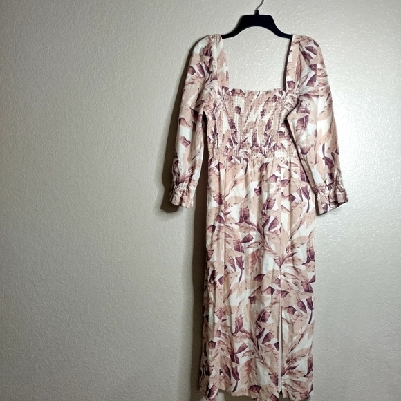 House of Harlow 1960 Palm Leaf Smocked Linen Blend Midi Dress sz L - Picture 2 of 10